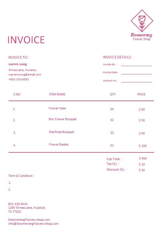 Free Florist Invoice Template PSD template